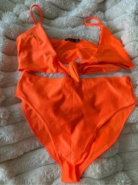 Boohoo Bright Orange Tie-Front Bikini Top